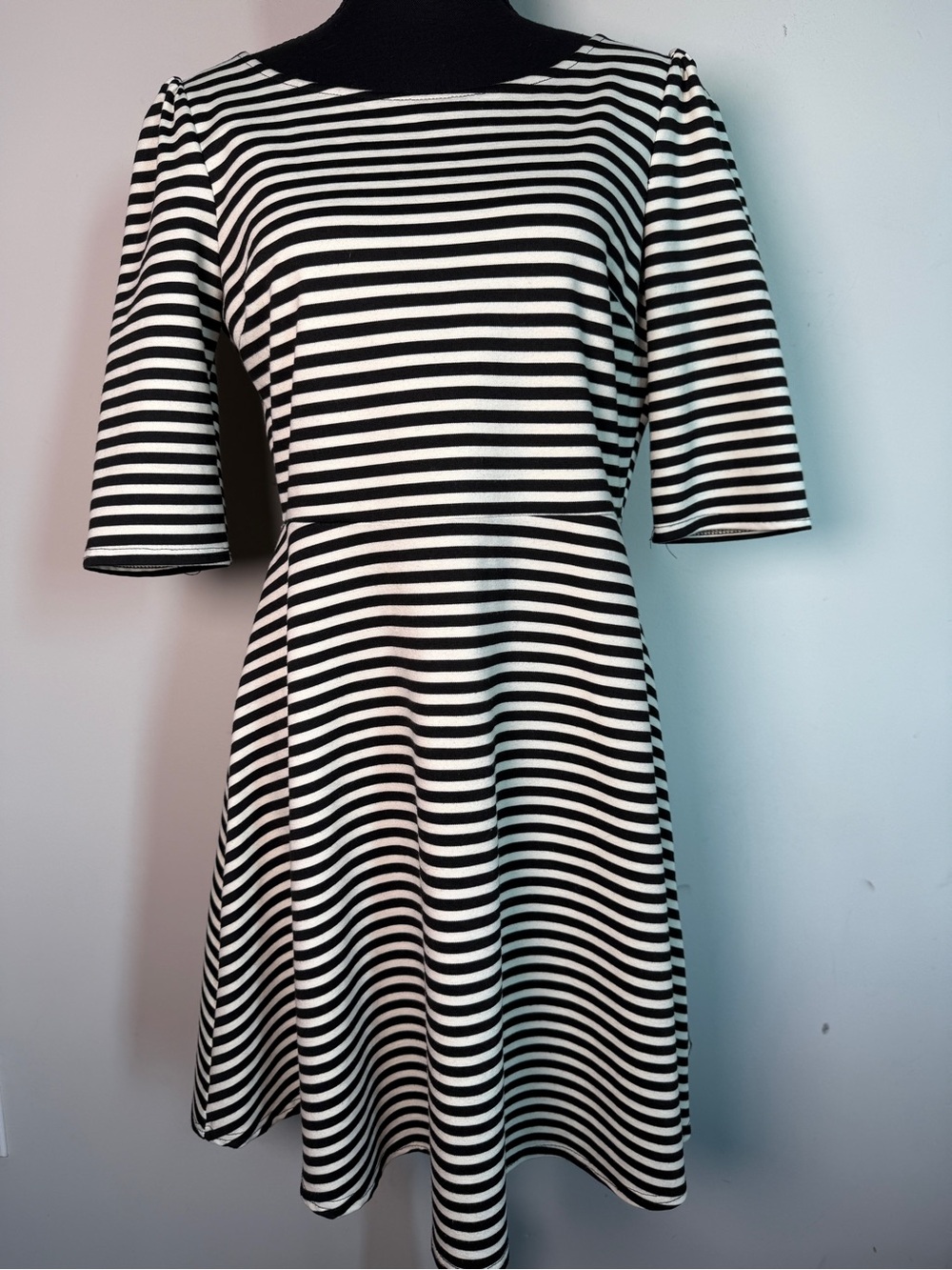Pixley Kathy Black & Cream Striped Fit & Flare Dress Sz L